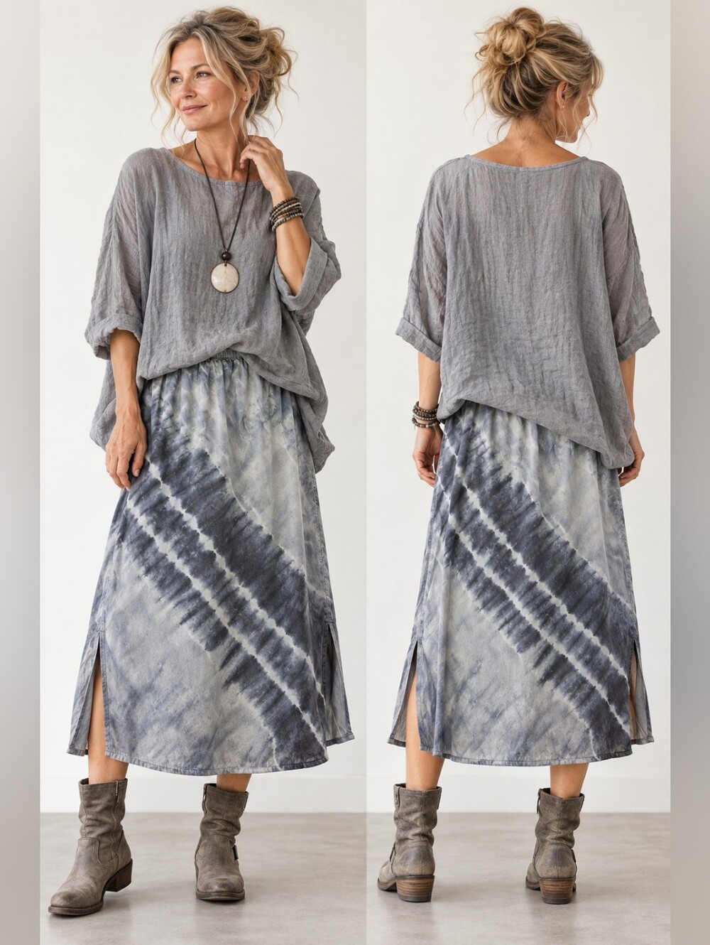 PURE JILL GRAY TIE DYE SILK COTTON MIDI SKIRT SIZE M